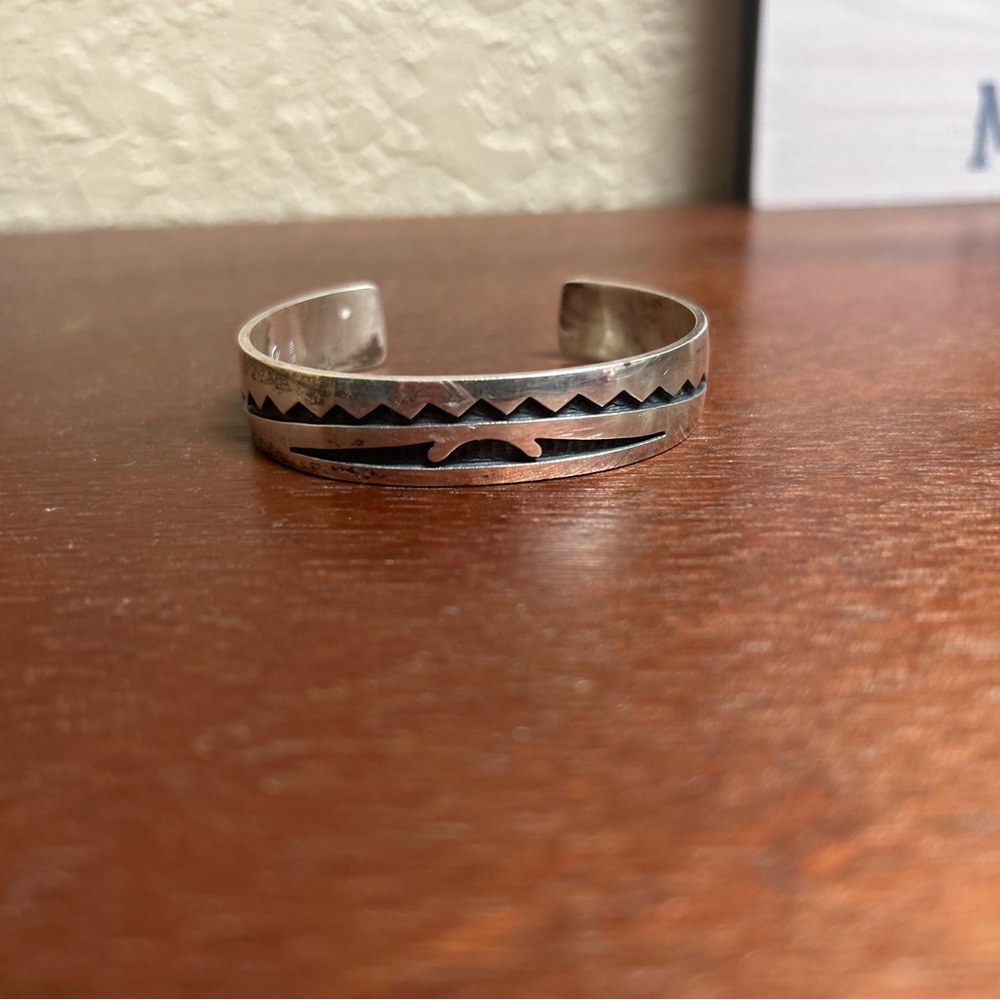 Vintage Hopi Native American Cuff with Black Geometric Design - Sterling Silver